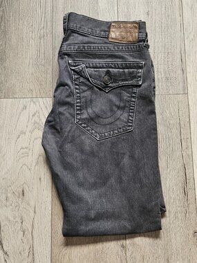 True Religion Ricky Flap Grey Straight Leg Jeans Mens Size 34x32 Gray Faded Wash